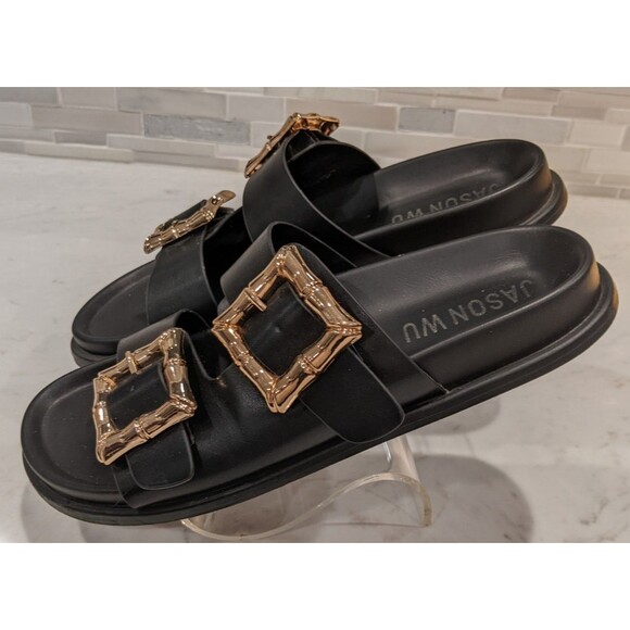 Women's JASON WU Marzan Luxe Black Leather Gold Buckles Slides Sandals 7.5 - Picture 6 of 11
